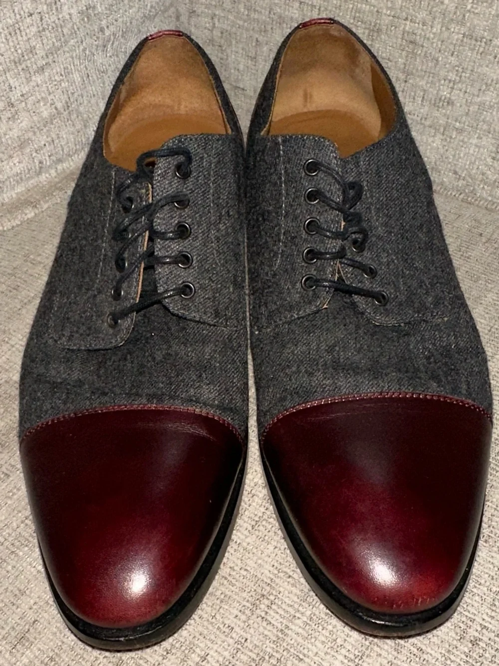 Taft Gray Wool and Burgundy Leather Cap-Toe Oxfords